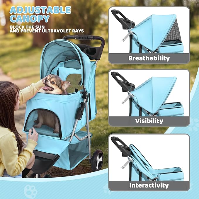 Magshion 3-Wheel Pet Stroller, Foldable Travel Jogger for Small & Medium Dogs & Cats (Up to 33lbs), Lightweight Carrier with Breathable Mesh Cover, Cup Holder & Storage Basket, Mint Green