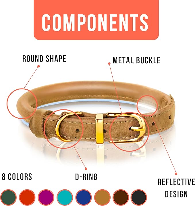 OOPSDOGGY Reflective Rolled Leather Dog Collar Adjustable Soft Padded Pet Collar for Small Medium Large Breed Dogs (Camel, XXS, 7"-9")