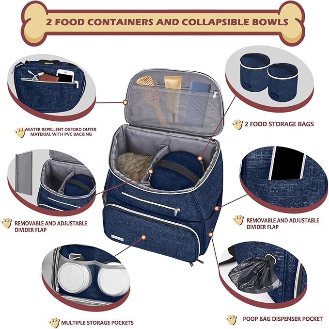BAGLHER 丨Dog Travel Bag Backpack, Airline Approved Pet Supplies Backpack, Dog Travel Backpack With 2 Silicone Collapsible Bowls and 2 Food Baskets Dark Blue