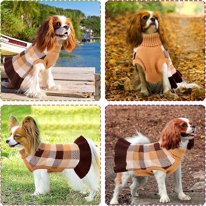 Dog Sweater Dress Plaid Knitwear for Small Medium Dogs Warm Puppy Pet Turtleneck Stretch Pullover Cute Fall Winter Vest Clothes with Leash Hole for Christmas (Coffee, 2XS)
