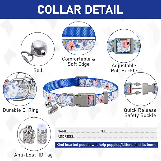 GAMUDA Small Dog Harness Collar and Leash Set, Step in No Chock No Pull Soft Mesh Adjustable Dog Vest Harnesses Plaid Reflective for Dogs Puppy Cats Kitten Rabbit (Blue Flower, XL)