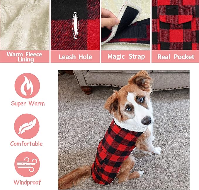 Malier Classic Plaid Fleece Dog Coat - Warm Winter Jacket with Pocket, Windproof - Red, X-Small