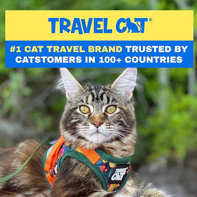 Travel Cat Harness and Leash Set - Adjustable Fit Mesh Cat Harness and Reflective Strap - Comfort Walking Vest for Kitten for Outdoor Walking, Hiking (Medium, Hawaiian)