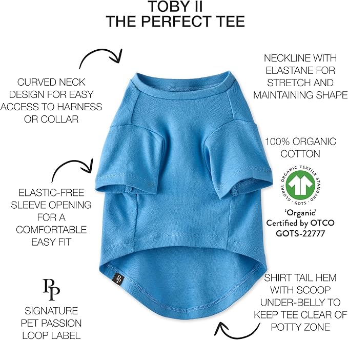 Toby II - The Perfect Tee, 8 Pack Short Sleeve Pet T-Shirt 100% Organic Cotton Tees Clothes for Small, Medium, Large Dogs, Rainbow Blue, X-Large