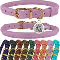 BronzeDog Rolled Leather Dog Collar with QR ID Tag, Adjustable Soft Round Collars for Small Medium Large Dogs Puppy (11" - 14 1/2" Neck Size, Lavender)