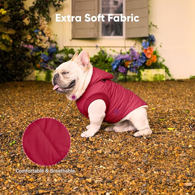 Fleece Lining Dog Hoodie with Harness Built in,Extra Warm Small Dog Jacket in Winter Puppy Coats with Hooded,Red M