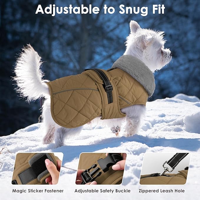 Dog Coat, Waterproof Dog Winter Jacket with Adjustable Buckle, Reflective Turtleneck Pet Snow Vest Warm Fleece Sweater for Small Medium Large Dogs - Khaki, M