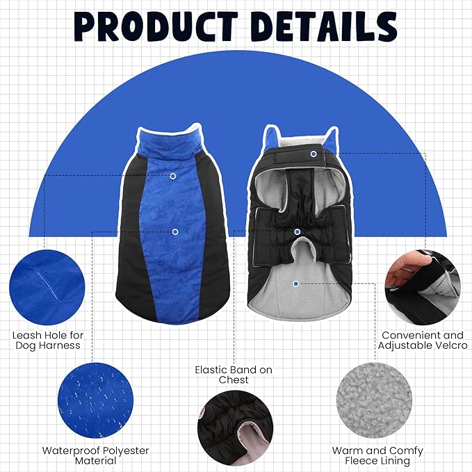 Warm Dog Coat,Waterproof Jacket in Winter Adjustable and Reversible Doggy Fleece Outfit,Thick Clothes with Foldable Collar for Puppy in Cold Days,3XL RoyalBlue
