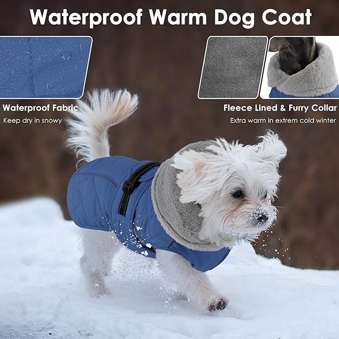 Dog Coat, Waterproof Dog Winter Jacket with Adjustable Buckle, Reflective Turtleneck Pet Snow Vest Warm Fleece Sweater for Small Medium Large Dogs - Blue, L