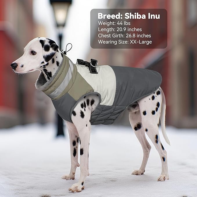 Dog Coat, Waterproof Dog Winter Jacket with Harness Built in, Turtleneck Warm Doggie Cold Weather Coats, Reflective Pet Vest for Indoor & Outdoor, Windproof Dogs Snowsuit, Grey Large
