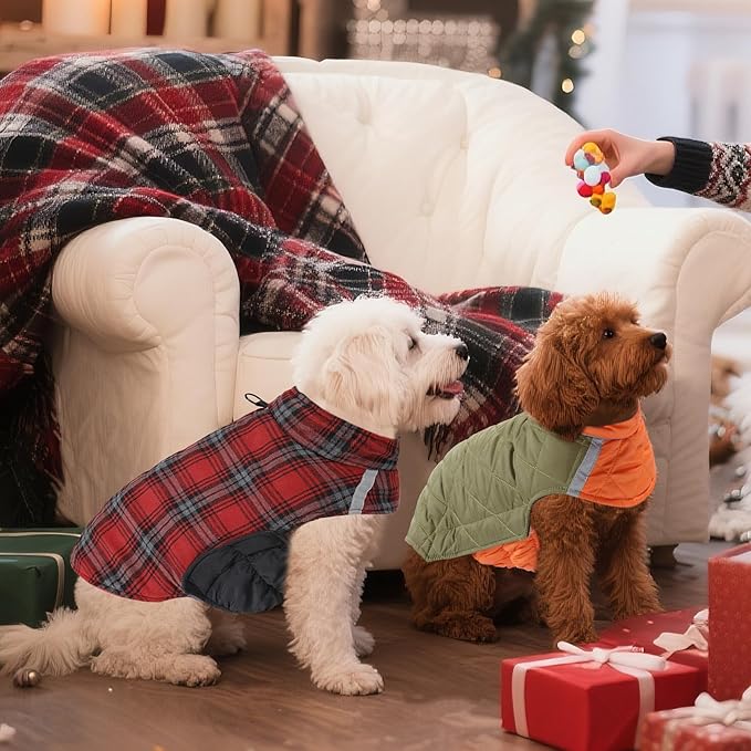 Quilted Dog Winter Coat, Plaid Lined Reversible Vest, Reflective Safety Strip, Cold Weather Pet Apparel Red M