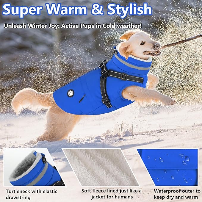 Dogcheer Dog Coat, Waterproof Dog Winter Jacket with Harness, Reflective Adjustable Doggy Cold Weather Coats, Christmas Pet Fleece Snowsuit for Small Medium Large Dogs - Blue, M