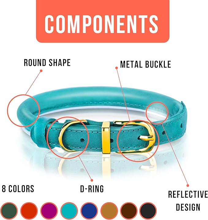 OOPSDOGGY Reflective Rolled Leather Dog Collar Adjustable Soft Padded Pet Collar for Small Medium Large Breed Dogs (Teal, L, 14"-18")