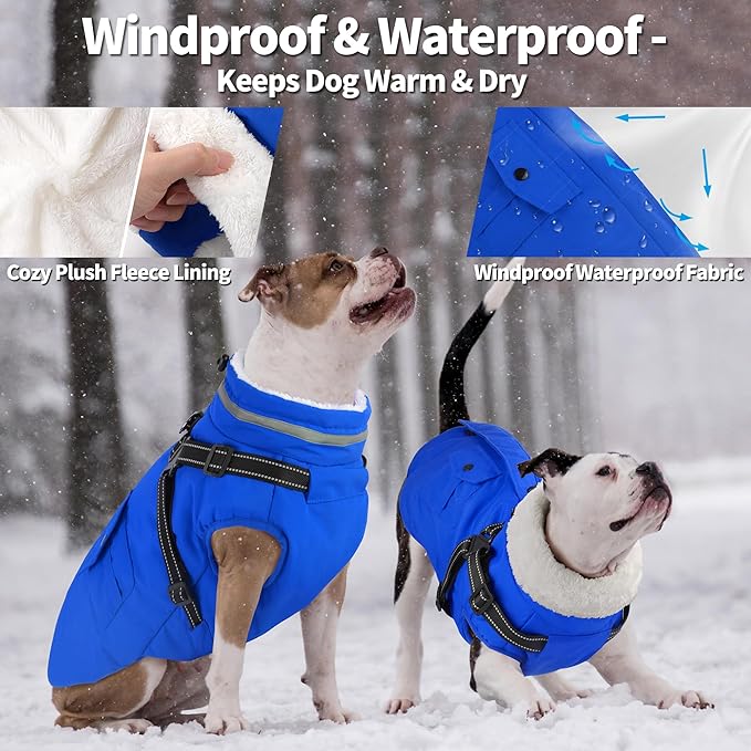 Dogcheer Dog Coat with Harness, Waterproof Warm Dog Winter Jacket with Pockets, Reflective Pet Fleece Jacket Turtleneck Snowsuit for Small Medium Large Dogs - Blue, XS