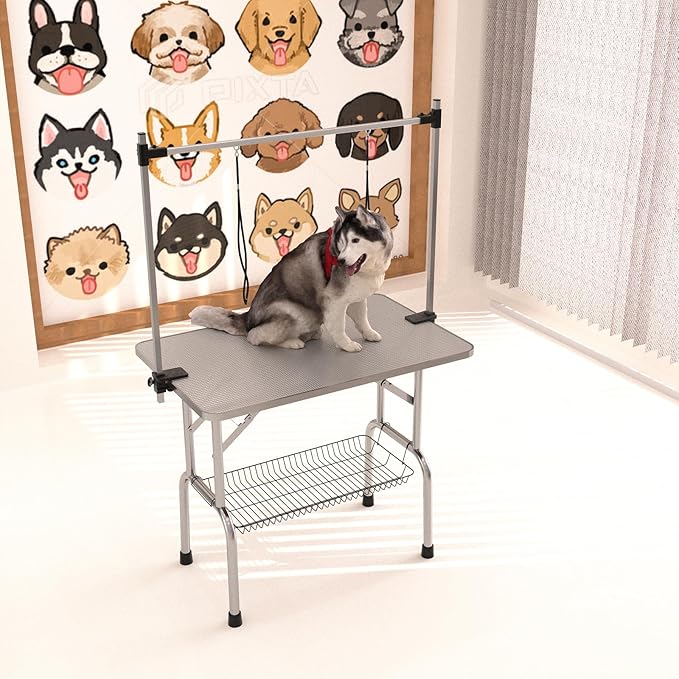 36" Dog Grooming Table Foldable Pet Grooming Tables with Adjustable Arm Noose Storage Mesh Tray Maximum Capacity Up to 330lbs Silver Gray
