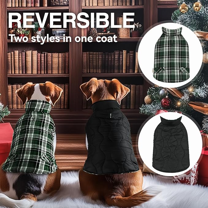 VIVAGLORY Softjoy Dog Coat, Dog Jacket for Winter & Christmas, Coat with Harness Hole & Velcro Closure, Reversible Plaid Checkered Warm Fluffy Heavy Duty for Puppy, XXS, Green