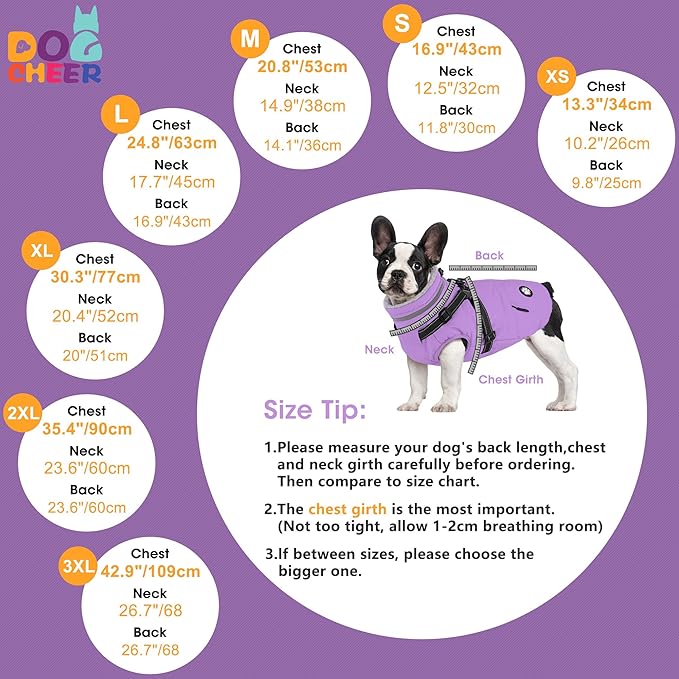 Dogcheer Dog Coat with Harness, Waterproof Dog Jacket, Reflective Puppy Winter Jacket with Pocket, Doggy Turtleneck Fleece Vest for Small Medium Large Dogs - Taro Purple, L