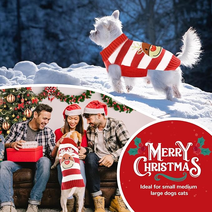 PETCARE Reindeer Christmas Dog Sweater Red Striped Cat Sweater Cartoon Elk Pet Vest Holiday Dog Clothes Puppy Sweaters for Small Medium Large Dogs Cats Fall Winter Outfits Xmas Dogs Costume,Small