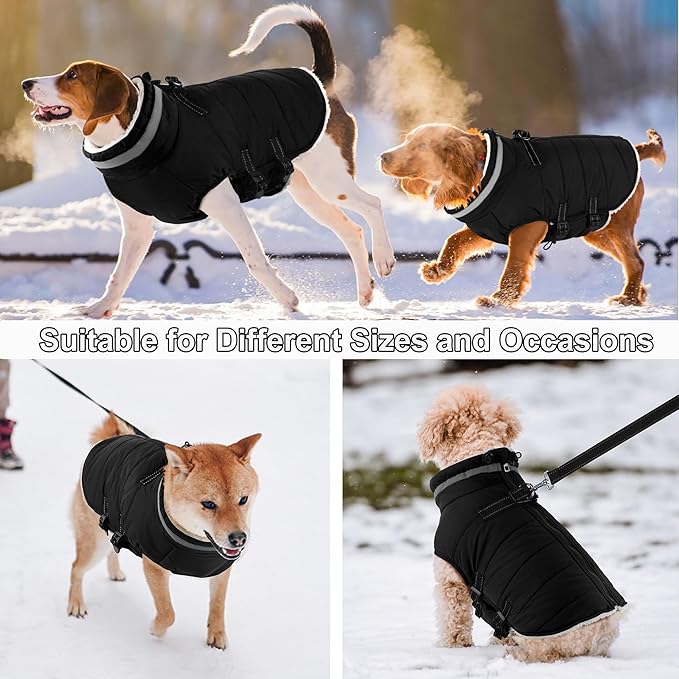 Dogcheer Dog Coat, Waterproof Dog Jacket with Harness, Reflective Adjustable Winter Coat with Zipper, Christmas Pet Snow Jacket Clothes for Small Medium Large Dogs - Black XS
