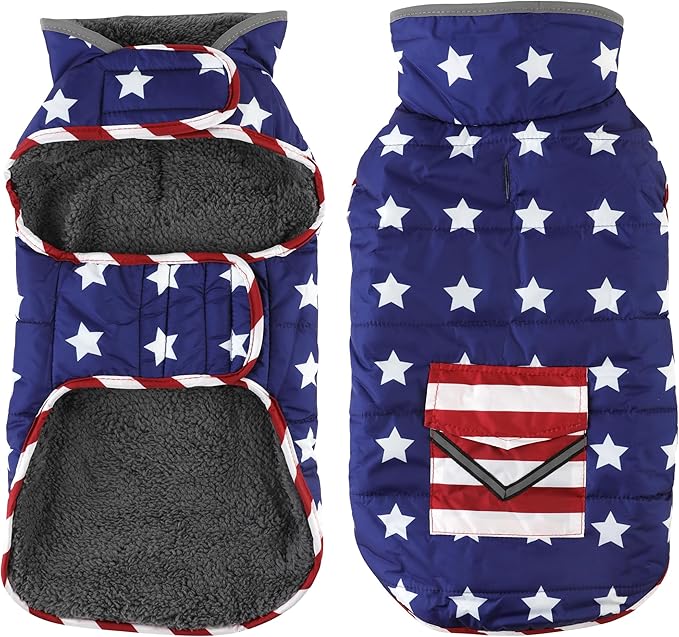 Dog Coat, Waterproof Dog Winter Jacket with Pocket, Reflective Adjustable Pet Snow Vest, Warm Cozy Fleece Sweater for Small Medium Extra Large Dogs - American Flag, 2XL