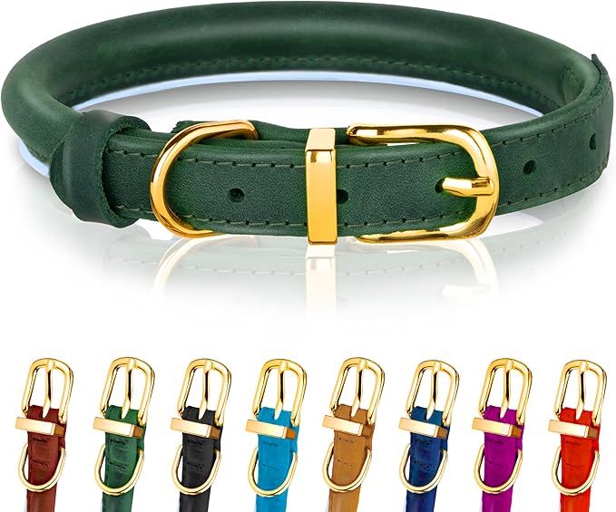 OOPSDOGGY Reflective Rolled Leather Dog Collar Adjustable Soft Padded Pet Collar for Small Medium Large Breed Dogs (Green, S, 10"-13")