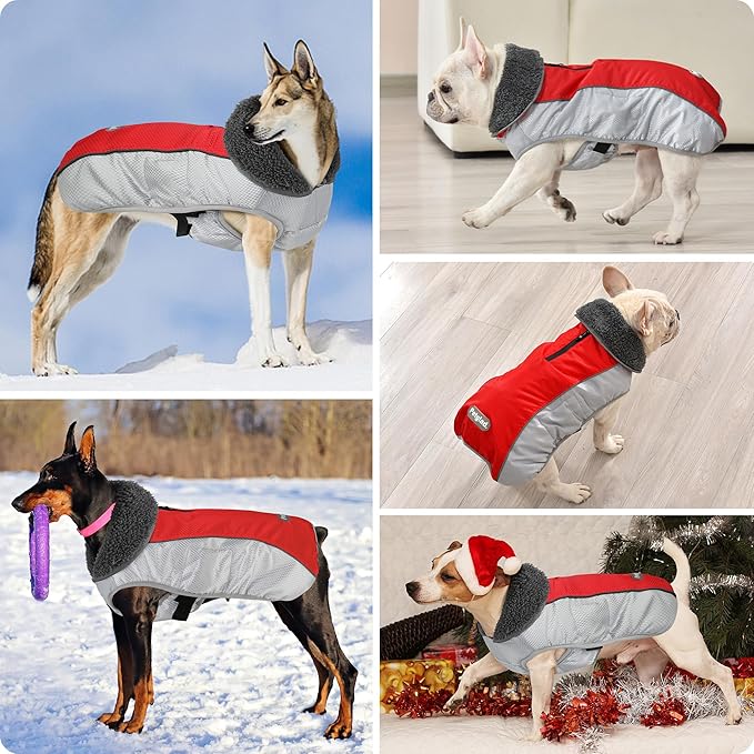 Dog Coat, Waterproof Ripstop Dog Winter Jacket with Leash Hole, Reflective Adjustable Warm Pet Fleece Snow Sweater for Small Medium Large Dogs - Red, L