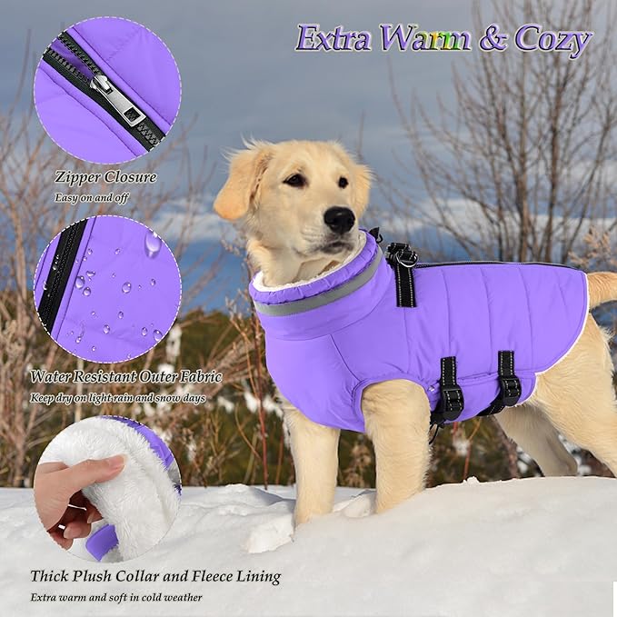 Dogcheer Dog Coat with Harness, Waterproof Dog Jacket Adjustable Winter Coat with Zipper, Christmas Puppy Snow Jacket Fleece Sweater for Small Medium Large Dogs - Taro Purple 3XL