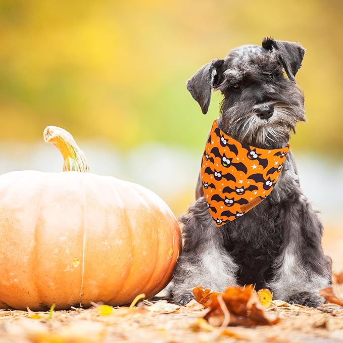 ADOGGYGO Halloween Dog Bandana, Pumpkin Bat Pet Scarf, Premium Durable Fabric, Adjustable Fit Halloween Bandanas for Small Dogs Cats Puppies (Small)