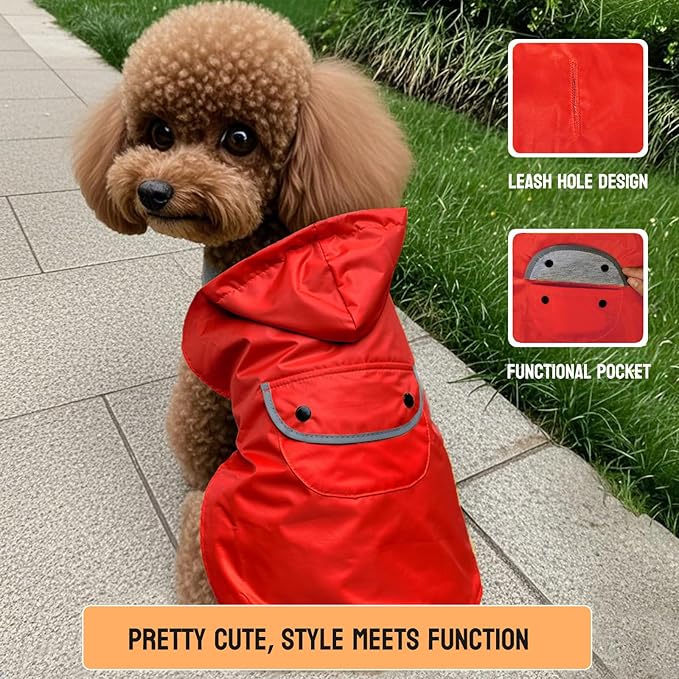 Dog Raincoat Dogs Rain Jacket Reflective Poncho Rainwear Waterproof Pet Clothes Pocket Warm Lined Hooded Leash Hole Adjustable Small Medium Dogs,Red,XXL,Back Length 16.0 Inch