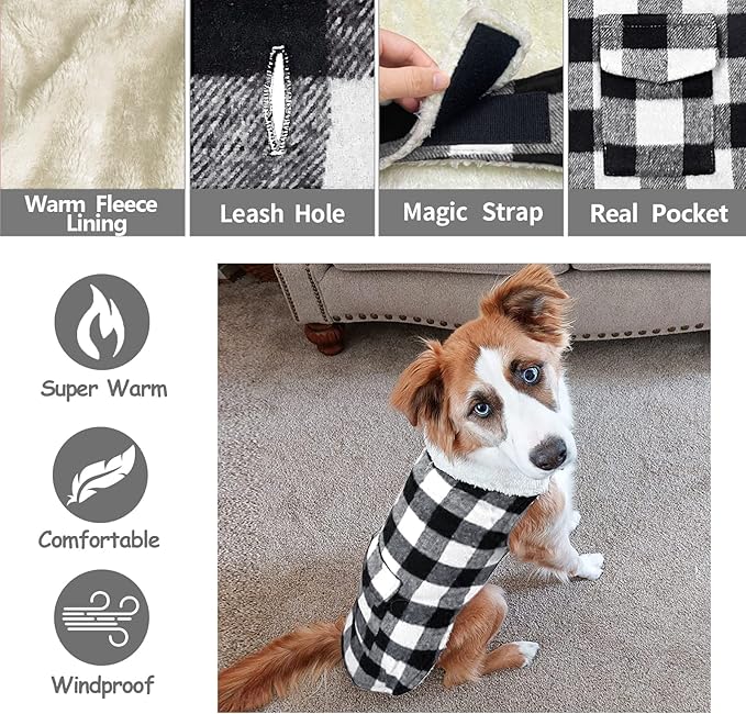Malier Plaid Fleece Dog Coat Jacket with Pocket, Warm Windproof Winter Pet Clothes Apparel for Small to Large Dogs (White, XX-Large)