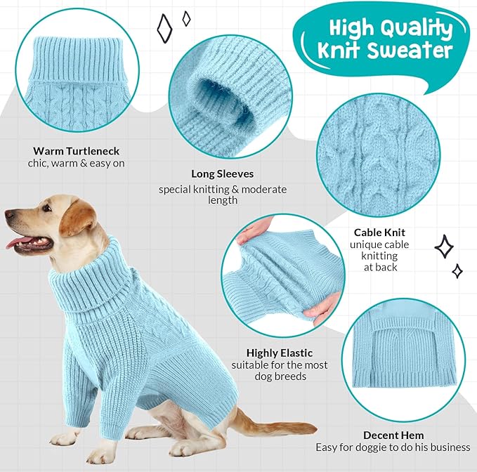 Queenmore Puppy Dog Sweeters - Long Sleeves Turtleneck Winter/Fall Sweater for Medium, Large Dogs; Solid Blue Knit; Christmas Theme; For Dog Girls & Boys