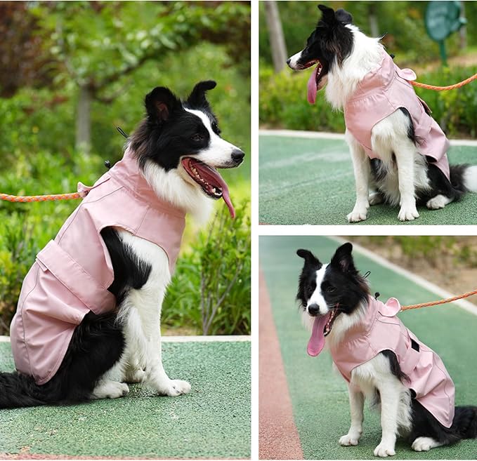 Waterproof Dog Raincoat, Adjustable Lightweight Dog Rain Jacket with Reflective Strip Leash Hole for Small Medium Large Dogs (Pink, X-Large(37-55lb))