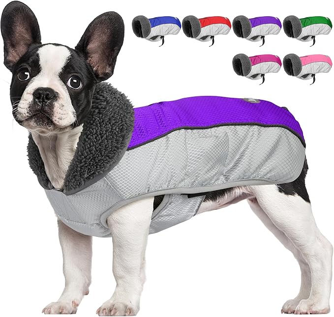 Dog Coat, Waterproof Ripstop Dog Winter Jacket with Leash Hole, Reflective Adjustable Warm Pet Fleece Snow Sweater for Small Medium Large Dogs - Purple, L