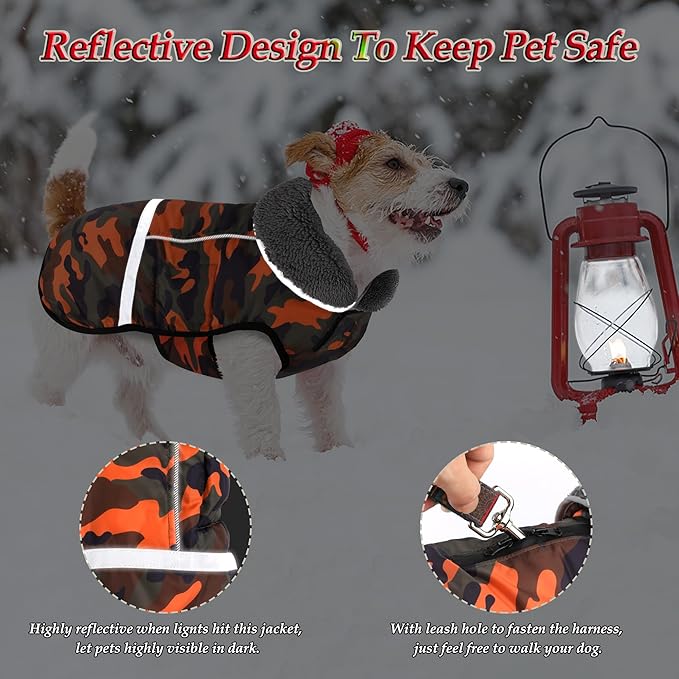 Dogcheer Warm Dog Coat, Waterproof Dog Jacket Christmas Puppy Winter Coat with Buckle, Reflective Adjustable Pet Snow Jacket Turtleneck Fleece Sweater for Small Medium Large Dogs - Orange Camo, M