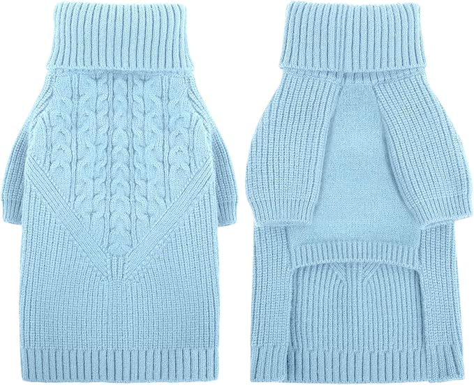 Queenmore Puppy Dog Sweeters - Long Sleeves Turtleneck Winter/Fall Sweater for Medium, Large Dogs; Solid Blue Knit; Christmas Theme; For Dog Girls & Boys
