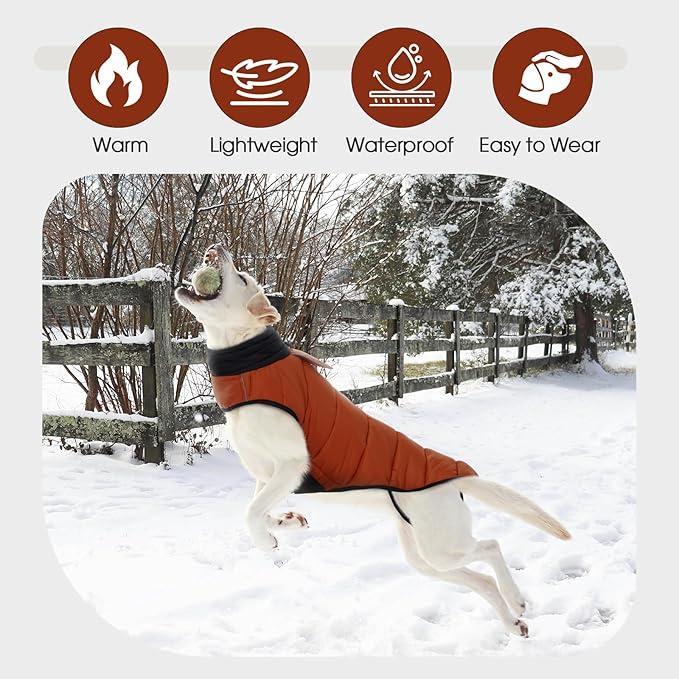 IDOMIK Dog Winter Coat, Warm Waterproof Dog Puffer Jacket with Harness Hole, Adjustable Reflective Snow Jacket Vest with Turtleneck, Pet Cold Weather Coats for Large Dogs,Caramel,2XL