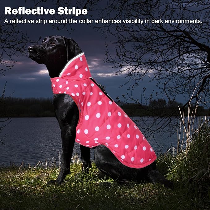 Dog Winter Coat, Waterproof Dog Jacket with Leash Hole, Reflective Adjustable Pet Snow Vest, Warm Fleece Sweater for Small Medium Large Dogs - Pink Polka Dot, S
