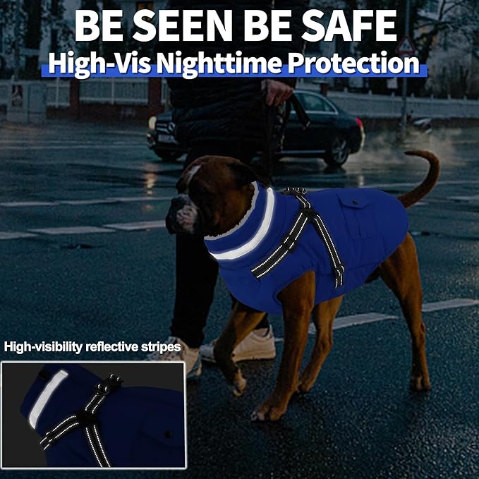 Dogcheer Dog Coat with Harness, Waterproof Warm Dog Winter Jacket with Pockets, Reflective Pet Fleece Jacket Turtleneck Snowsuit for Small Medium Large Dogs - Blue, S
