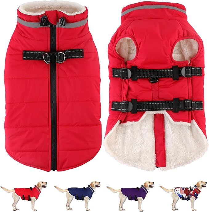 Dogcheer Dog Coat with Harness, Waterproof Dog Jacket Adjustable Pet Winter Coat with Zipper, Christmas Puppy Snow Jacket Fleece Sweater for Small Medium Large Dogs - Red 3XL