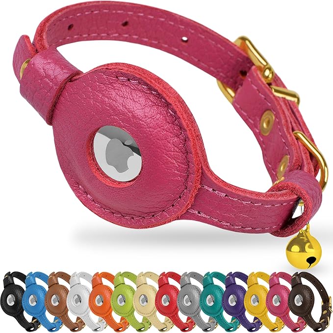 OOPSDOGGY Leather AirTag Cat Collar with Bell - Non Breakaway Kitten Collar with Apple Air Tag Holder - Lightweight GPS Pet Collars for Girl Boy Cats, Small Dogs, Puppies (Pink)