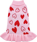 cyeollo Dog Sweater Dress Dog Clothes Pullover Turtleneck with Leash Hole Heart Pattern Holiday Outfit Female Pet Apparel Valentine Sweater for Medium Large Dogs
