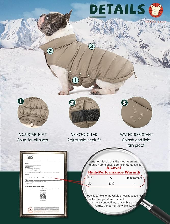 SPACE LION Dog Puffer Jacket, Down Winter Coat, Durable Outdoor Coat for Cold and Windy Conditions, Waterproof, Lightweight Jacket, Adjustable Fit for Small, Medium, Large Dogs(Khaki,8/XS)