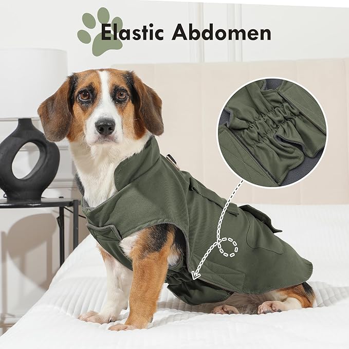 Workwear Style Dog Coats with Harness Built in for Small Dogs Windproof Warm Puppy Jacket with Storage Pockets for Cold Winter,Green L