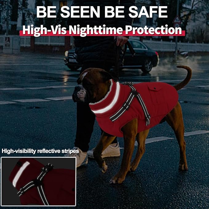 Dogcheer Dog Coat with Harness, Waterproof Warm Dog Winter Jacket with Pockets, Reflective Pet Fleece Jacket Turtleneck Snowsuit for Small Medium Large Dogs - Red, XS