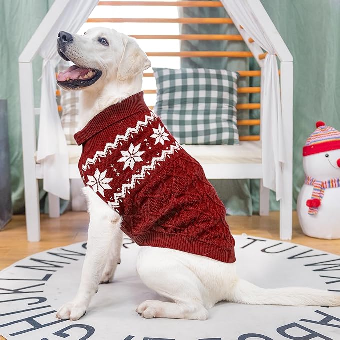 Warm Winter Pink Dog Sweater - Cold Weather Pet Clothes for Small Medium Large Dogs Indoor Outdoor, Soft Classic Knit Puppy Apparel Coat, Dark Red, ML