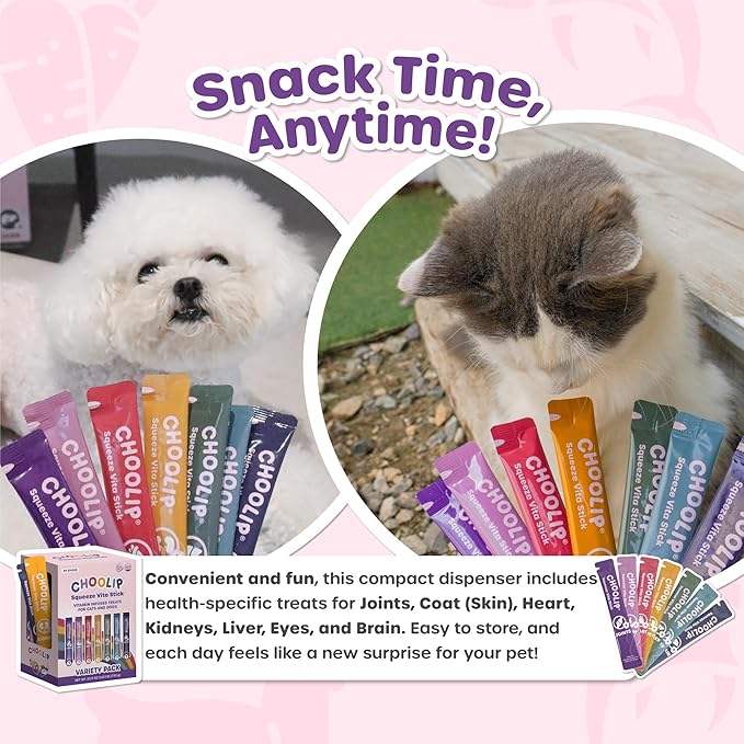 Choolip Squeeze Vita Stick Lickable Cat Treats & Dog Puree – 49-Count Variety Pack, Creamy Squeeze Tubes with Multivitamins, Grain-Free High-Protein Puree, Vet-Formulated Healthy Treats