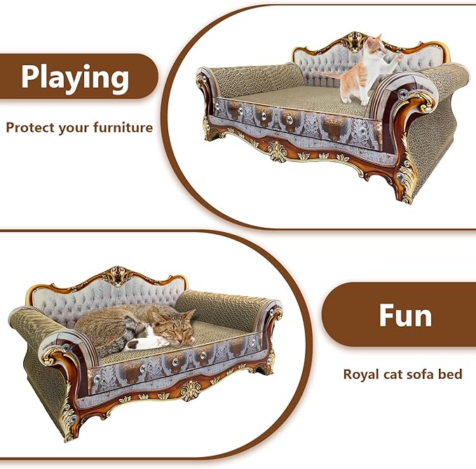 Luxury Cardboard Cat Scratcher Sofa Couch Bed, Couch Shaped Scratching Board, Scratch Lounge with Catnip, Cat Scratcher for Indoor Cats Grey