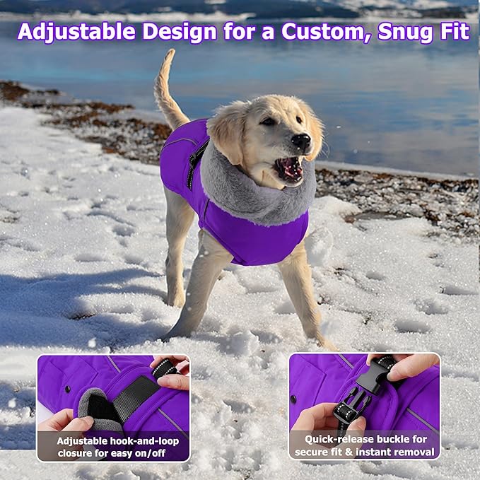 Dogcheer Dog Coat with Pocket, Waterproof Dog Jacket with Adjustable Buckle, Reflective Puppy Winter Coat Warm Turtleneck Fleece SnowJacket for Small Medium Large Dogs - Purple S