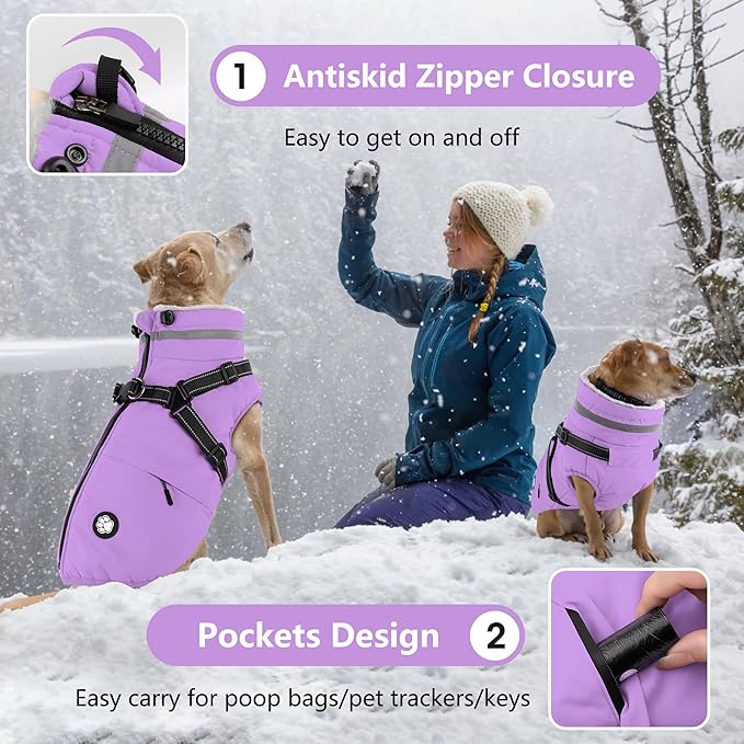 Dogcheer Dog Coat with Harness, Waterproof Dog Jacket, Reflective Puppy Winter Jacket with Pocket, Doggy Turtleneck Fleece Vest for Small Medium Large Dogs - Taro Purple, XS