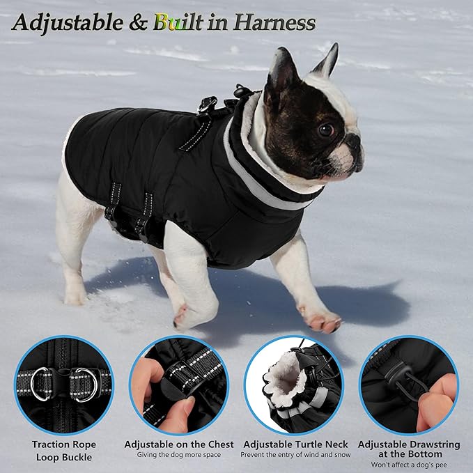 Dogcheer Dog Coat, Waterproof Dog Jacket with Harness, Reflective Adjustable Winter Coat with Zipper, Christmas Pet Snow Jacket Clothes for Small Medium Large Dogs - Black 2XL